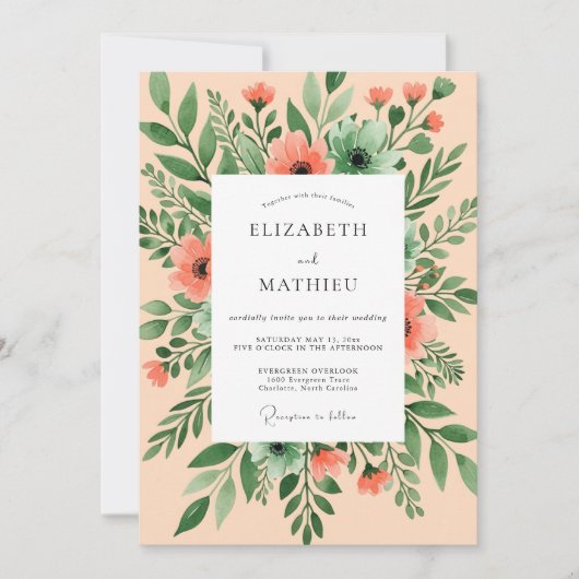 Invitation Mariage à l'aquarelle pêche et brise (Devant)