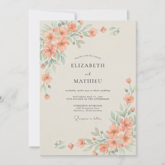 Invitation Mariage à l'aquarelle raffinée pêche (Devant)