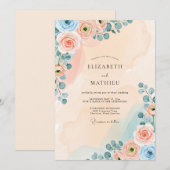 Invitation Mariage à l'aquarelle rêveuse pêche (Devant / Derrière)