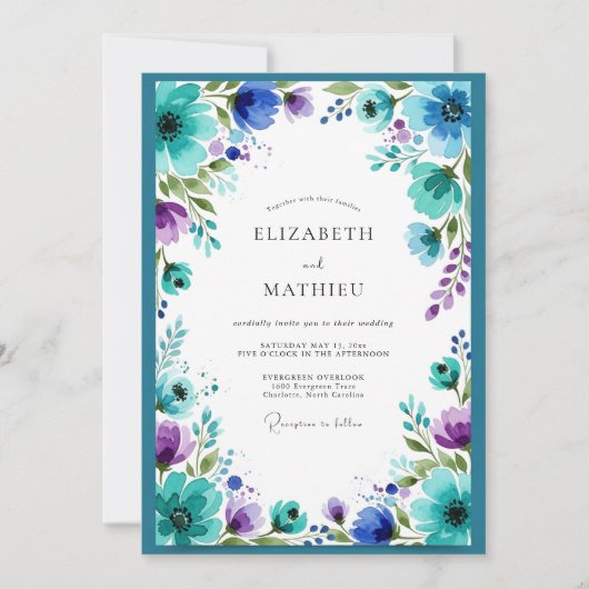 Invitation Mariage à l'aquarelle rêveuse sarcelle et violette (Devant)