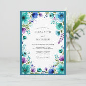 Invitation Mariage à l'aquarelle rêveuse sarcelle et violette (Debout devant)