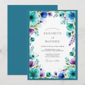Invitation Mariage à l'aquarelle rêveuse sarcelle et violette (Devant / Derrière)