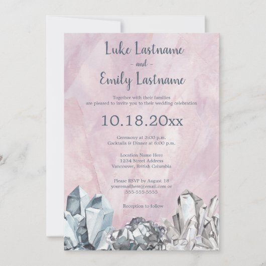 Invitation Mariage à l'aquarelle rose avec géode et pierres p (Devant)