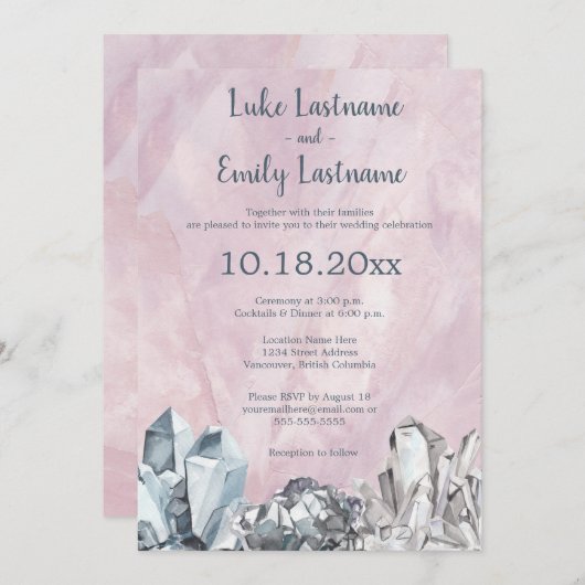 Invitation Mariage à l'aquarelle rose avec géodes et pierres (Devant / Derrière)