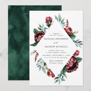Invitation Mariage à l'aquarelle Roses Rouges & Cadre Floral
