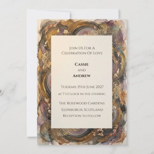 Invitation Mariage à l'aquarelle Rustique Agate Géode Or (Devant)
