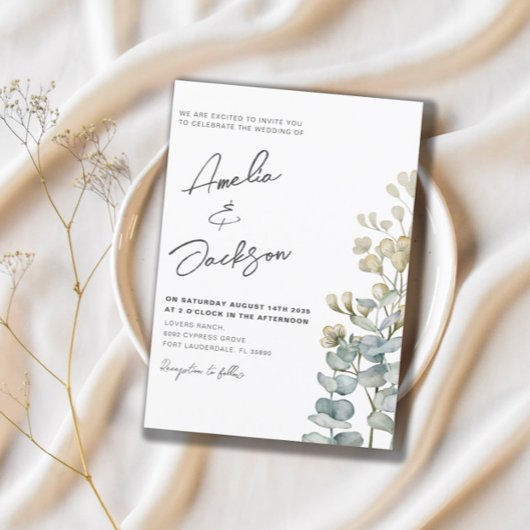 Invitation Mariage à l'aquarelle rustique avec verdure d'euca