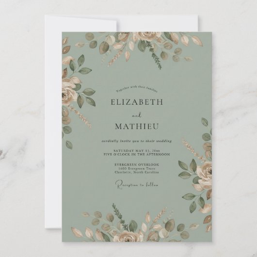 Invitation Mariage à l'aquarelle Sage Olive (Devant)