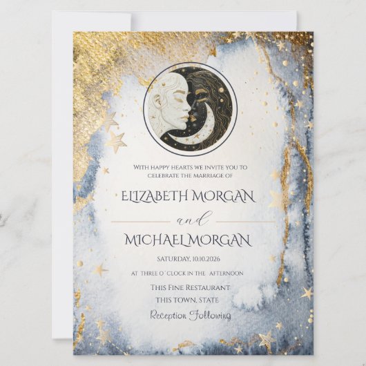 Invitation Mariage à l'aquarelle Soleil Lune Céleste (Devant)