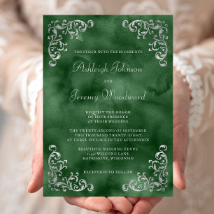 Invitation Mariage à l'aquarelle vert émeraude argenté vintag
