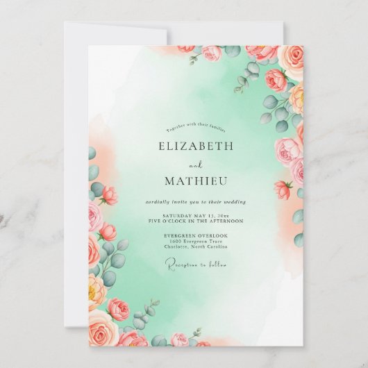 Invitation Mariage à l'aquarelle vert menthe éthérée (Devant)