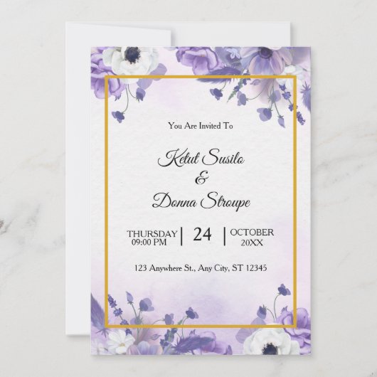 Invitation Mariage à l'aquarelle violet élégant (Devant)