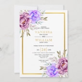 Invitation Mariage à l'aquarelle violet fleurs or cadre (Devant)