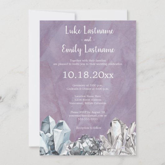 Invitation Mariage à l'aquarelle violette de géodes et gemmes (Devant)