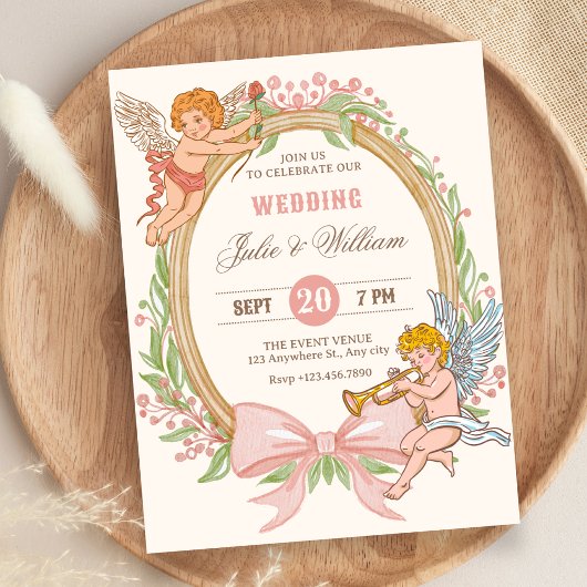 Invitation Mariage à l'arc floral cupide vintage