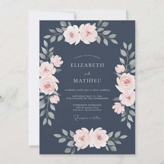 Invitation Mariage à l'arche de Fleur Navy Douce (Devant)
