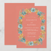 Invitation Mariage à l'arche de floraison bleu corail (Devant / Derrière)