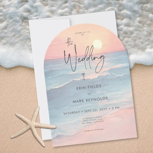Invitation Mariage à l'arche de plage à l'aquarelle du couche