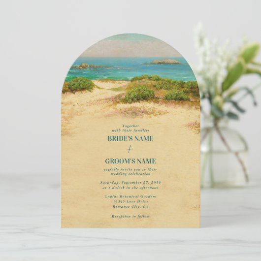 Invitation Mariage à l'arche de plage côtière à l'aquarelle (Debout devant)