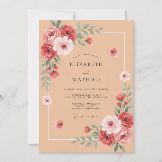 Invitation Mariage à l'arche de rose corail (Devant)