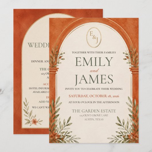 Invitation Mariage à l'arche d'or orange brûlé (Devant / Derrière)
