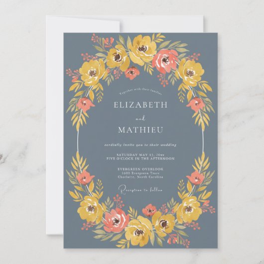 Invitation Mariage à l'arche florale bleu ardoise (Devant)
