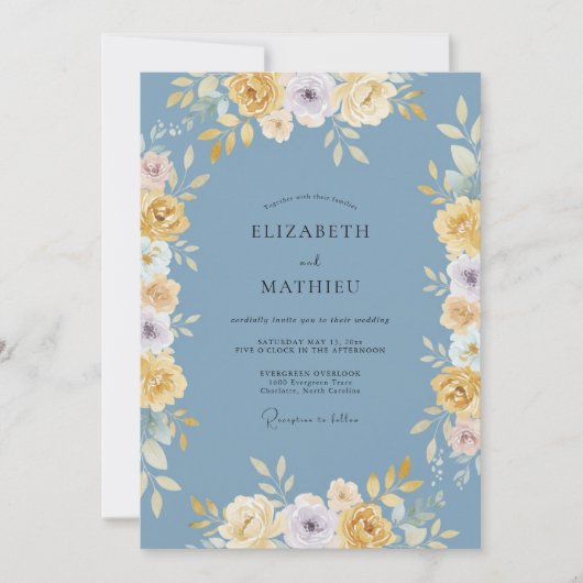 Invitation Mariage à l'arche florale bleue jaune (Devant)