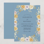 Invitation Mariage à l'arche florale bleue jaune (Devant / Derrière)