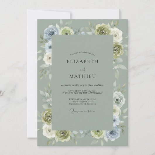 Invitation Mariage à l'arche florale bleue verte (Devant)