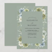 Invitation Mariage à l'arche florale bleue verte (Devant / Derrière)