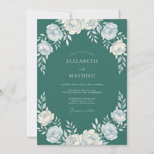 Invitation Mariage à l'arche florale délicate sarcelle (Devant)
