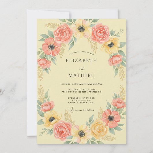 Invitation Mariage à l'arche florale rose corail (Devant)