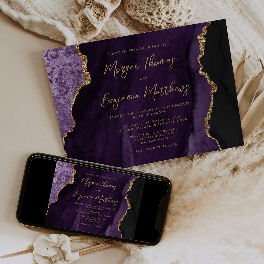 Invitation Mariage à l'écriture Agate Or Violet