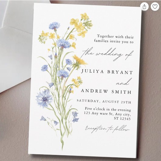 Invitation Mariage à l'écriture florale bleue et jaune