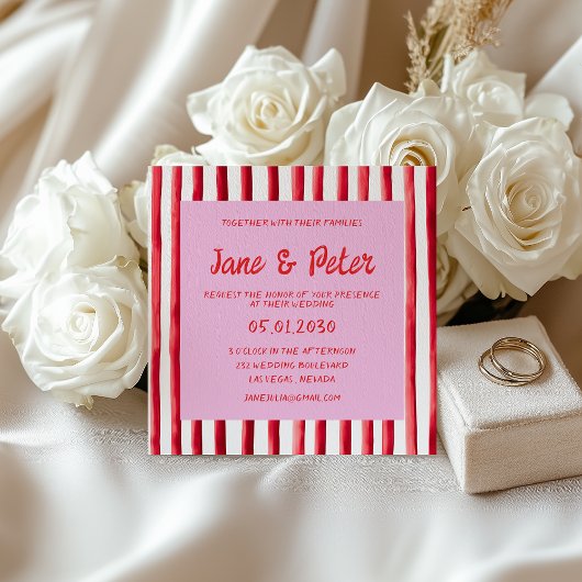 Invitation Mariage à l'écriture manuscrite rose et rouge rayé