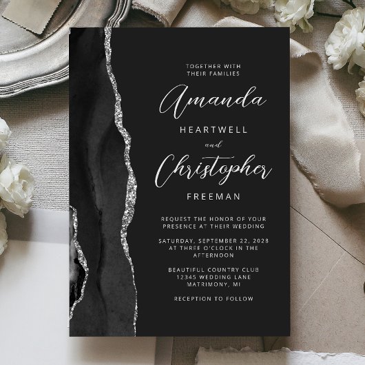 Invitation Mariage à l'écriture moderne Agate Argent Noir