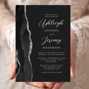 Invitation Mariage à l'écriture moderne en Agate Argent Noir
