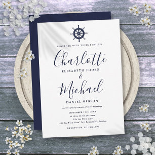 Invitation Mariage à l'écriture Navy Blue Roue de Navire Naut