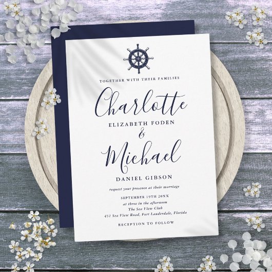 Invitation Mariage à l'écriture Navy Blue Roue de Navire Naut