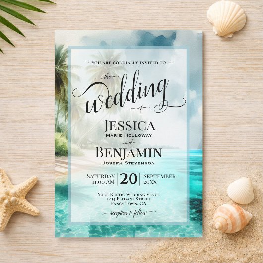 Invitation Mariage à l'écriture stylée aquarelle de plage tro