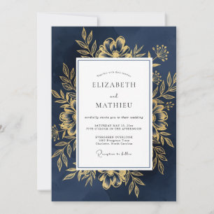 Invitation Mariage à l'emblème floral or et marine