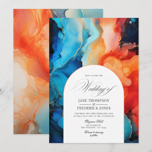 Invitation Mariage à l'encre alcoolique Bleu Royal, Turquoise