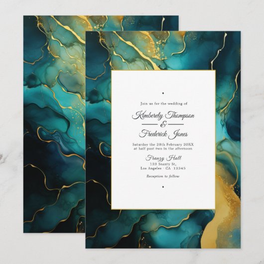 Invitation Mariage à l'encre alcoolique sarcelle et or (Devant / Derrière)