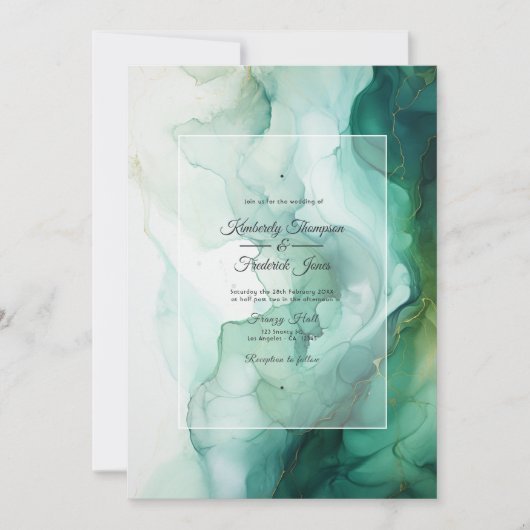 Invitation Mariage à l'encre argent, blanc et vert forêt (Devant)