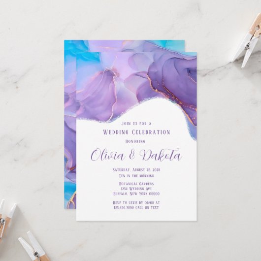 Invitation Mariage à l'encre d'alcool sarcelle pourpre éthéré (Devant/Arrière en situation)