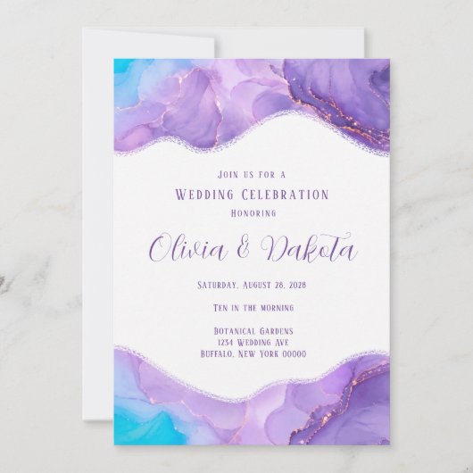 Invitation Mariage à l'encre d'alcool sarcelle pourpre éthéré (Devant)