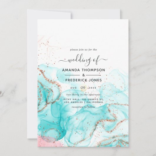 Invitation Mariage à l'encre d'alcool Turquoise, Corail et Or (Devant)