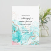 Invitation Mariage à l'encre d'alcool Turquoise, Corail et Or (Debout devant)