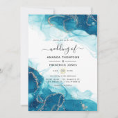 Invitation Mariage à l'encre d'alcool Turquoise et Or (Devant)