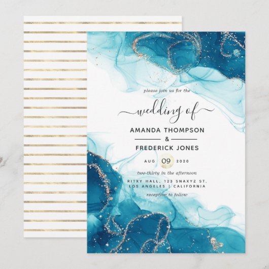 Invitation Mariage à l'encre d'alcool Turquoise et Or (Devant / Derrière)